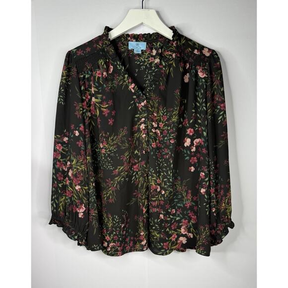 CeCe Button Up Top Womens 1x Dark Floral Romantic Cottagecore Ruffle V-Neck - Picture 1 of 9